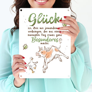 Kuh und Gans Metallschild in 15x20 cm mit Spruch Glück ist besondere Zeit mit jemandem