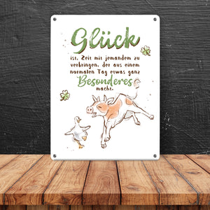 Kuh und Gans Metallschild in 15x20 cm mit Spruch Glück ist besondere Zeit mit jemandem