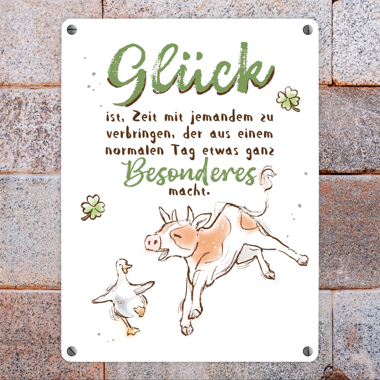 Kuh und Gans Metallschild in 15x20 cm mit Spruch Glück ist besondere Zeit mit jemandem