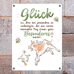 Kuh und Gans Metallschild in 15x20 cm mit Spruch Glück ist besondere Zeit mit jemandem