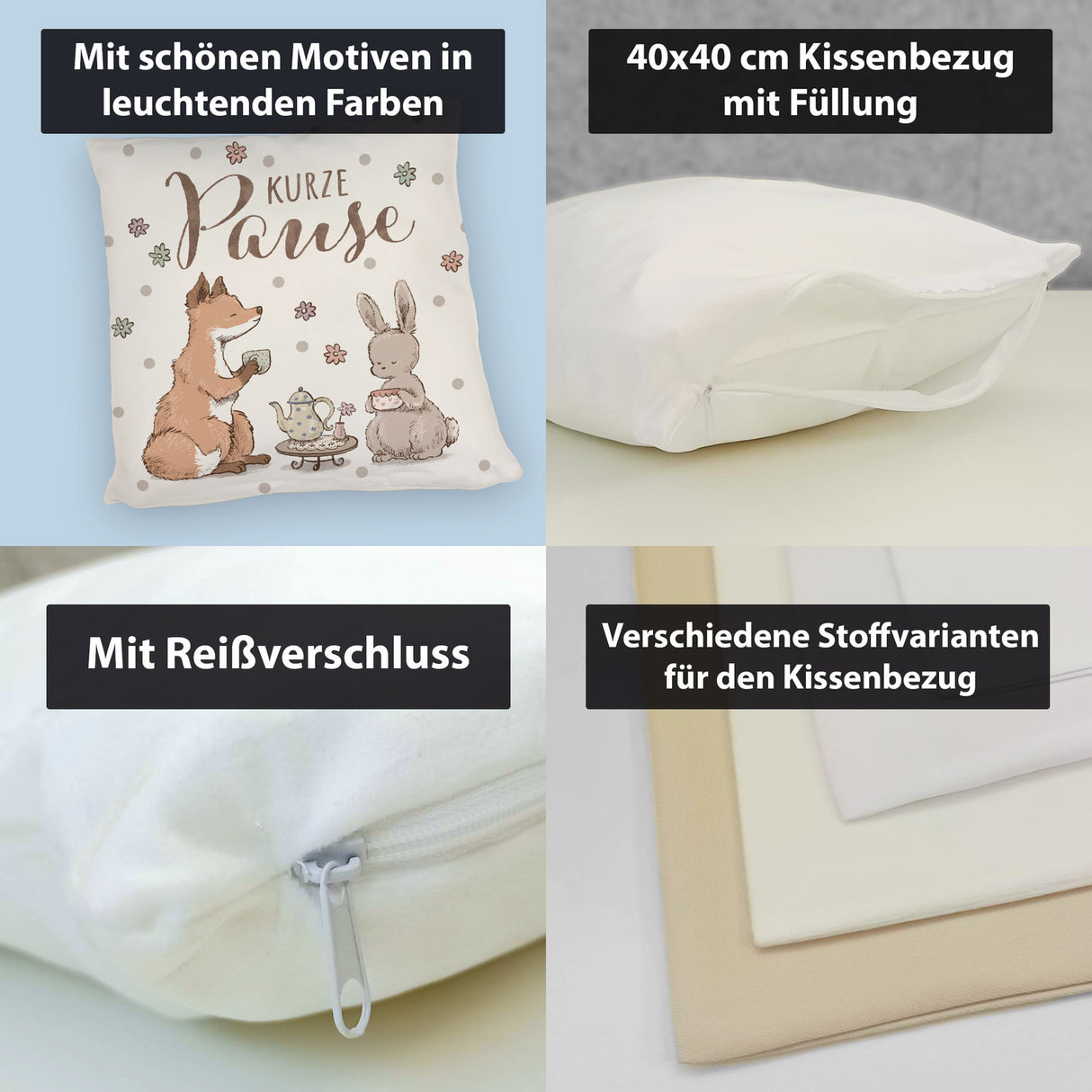 Fuchs und Hase Kissen mit Spruch Kurze Pause