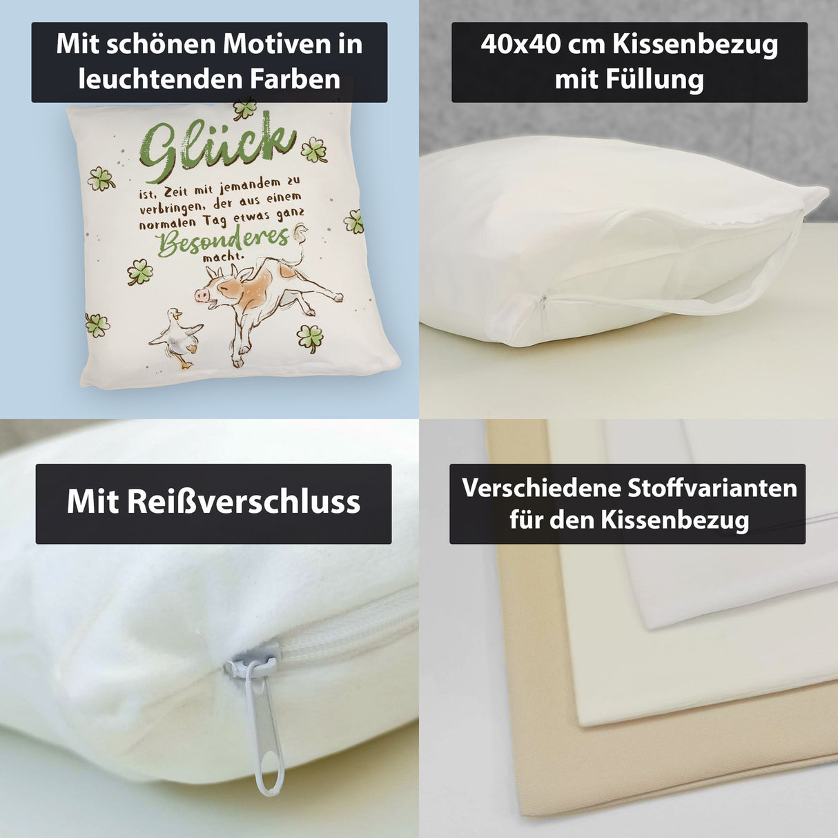 Kuh und Gans Kissen mit Spruch Glück ist besondere Zeit teilen