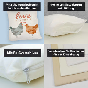 Hühner Kissen mit Spruch Love is in the air