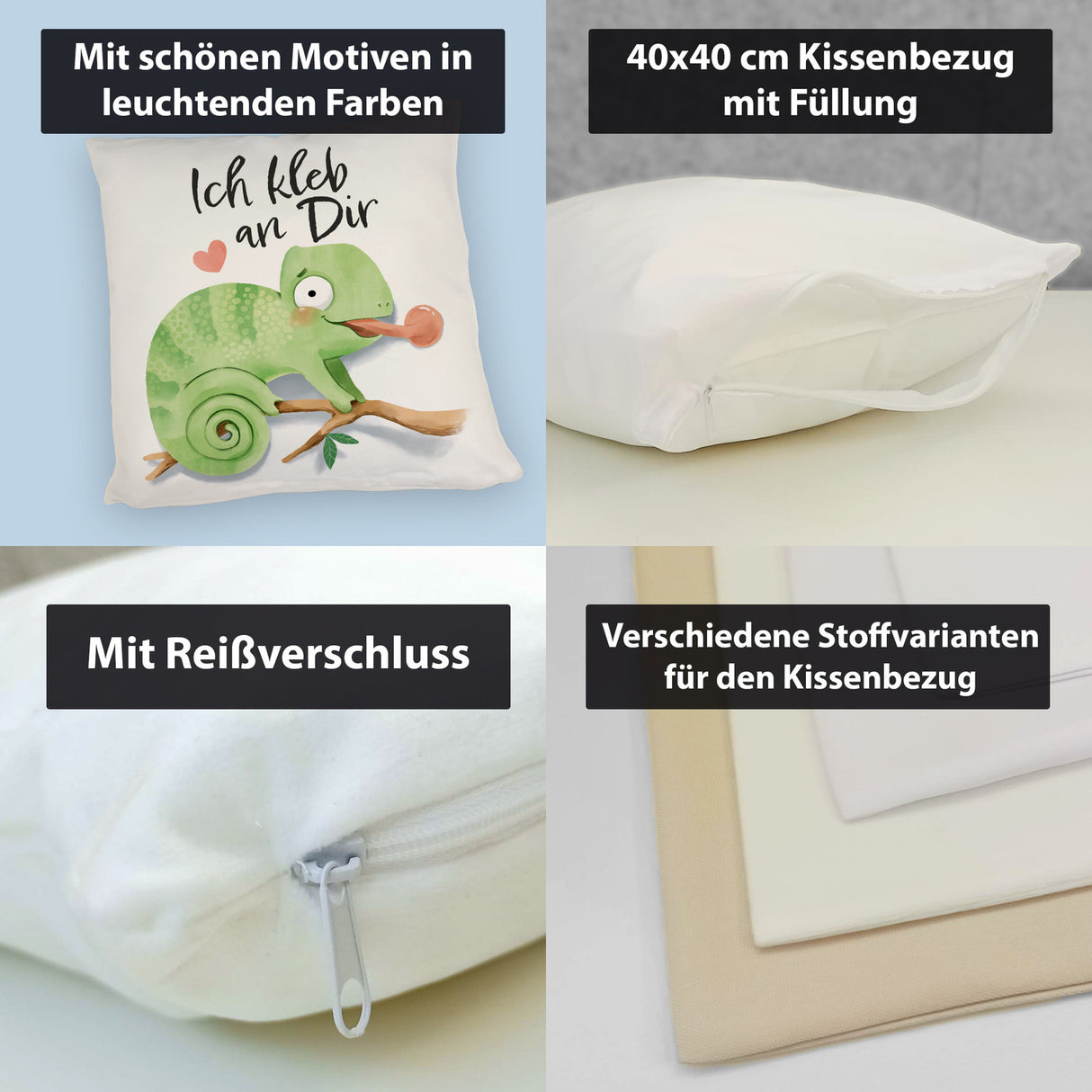 Chamäleon Kissen mit Spruch Ich kleb an dir