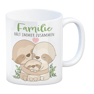 Faultier Familie Kaffeebecher mit Spruch Familie hält immer zusammen
