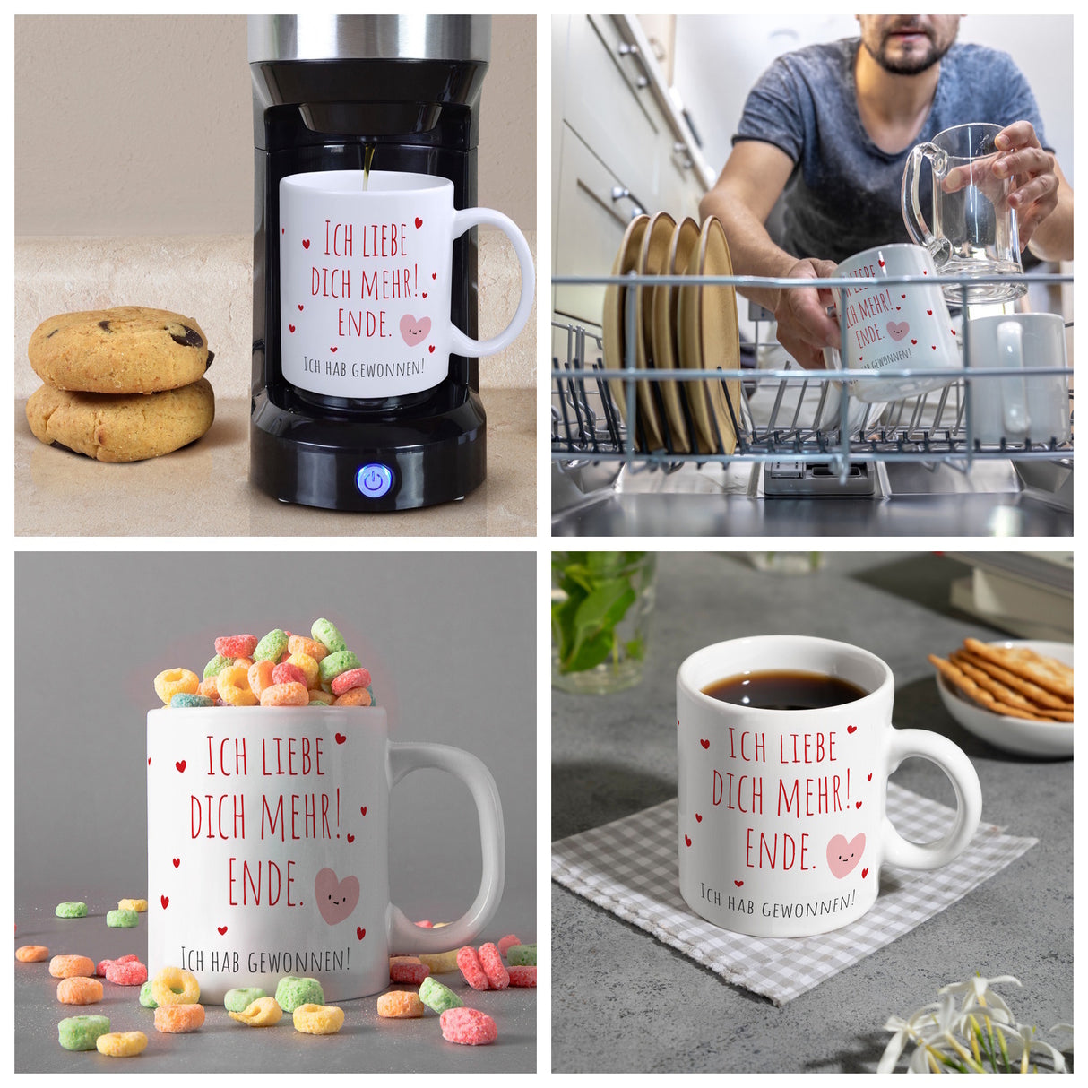 Herzen Kaffeebecher mit Spruch Ich liebe dich mehr! Ende.