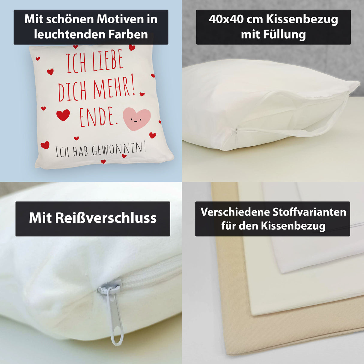 Herzen Kissen mit Spruch Ich liebe dich mehr! Ende.