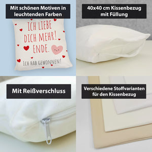 Herzen Kissen mit Spruch Ich liebe dich mehr! Ende.