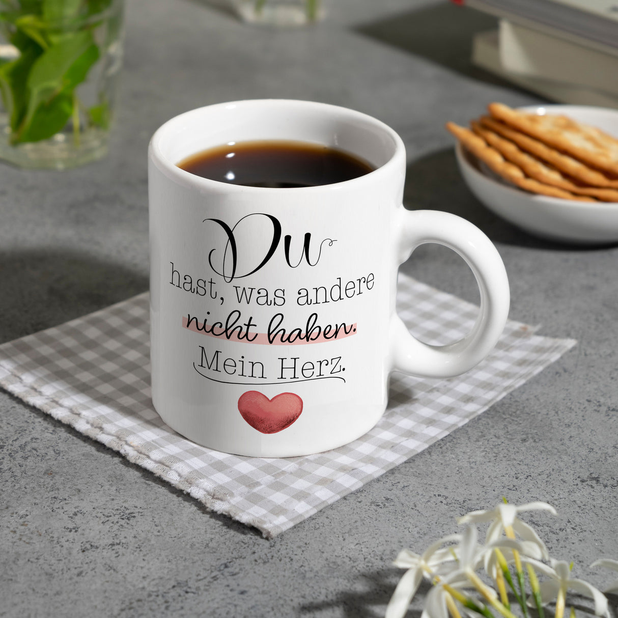 Herz Kaffeebecher mit Spruch Du besitzt mein Herz