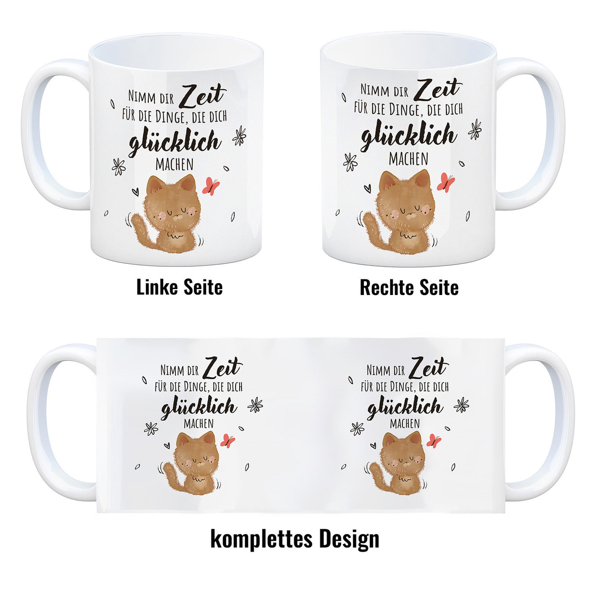 Katze Kaffeebecher mit Spruch Zeit für dein Glück nehmen