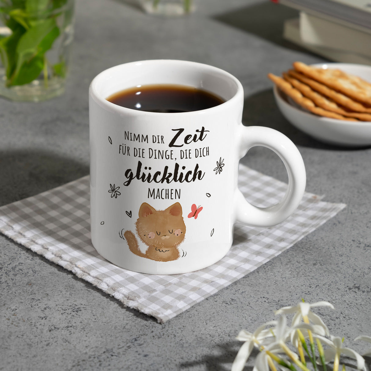 Katze Kaffeebecher mit Spruch Zeit für dein Glück nehmen