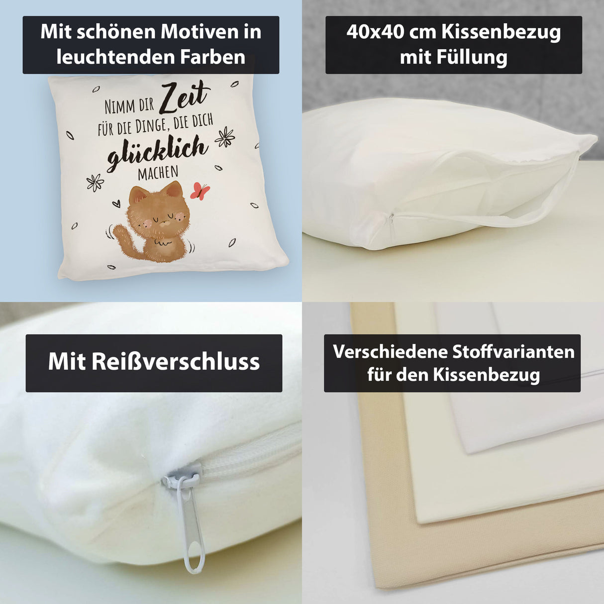 Katze Kissen mit Spruch Zeit für dein Glück nehmen