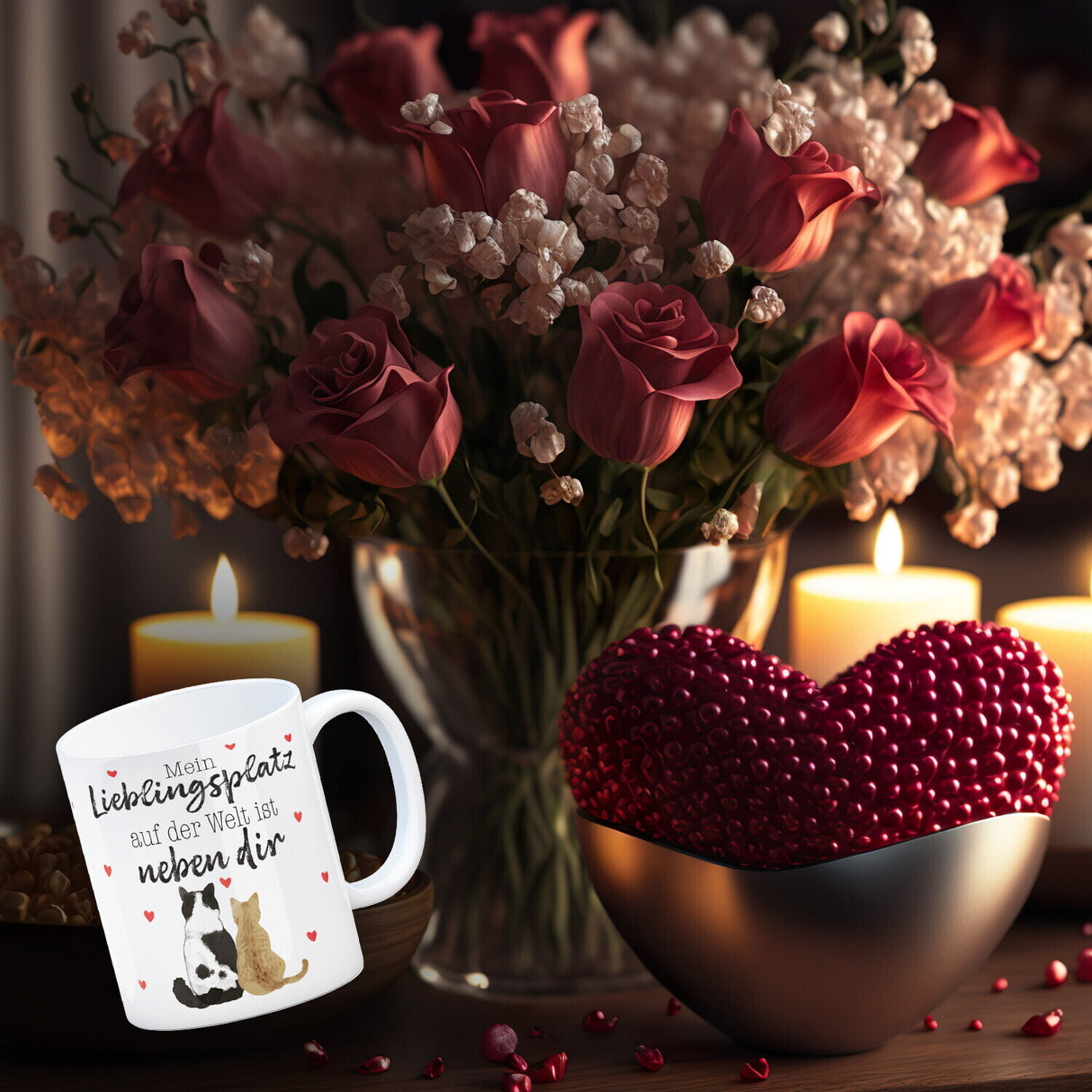 Katzenpaar Kaffeebecher mit Spruch Mein Lieblingsplatz ist bei dir