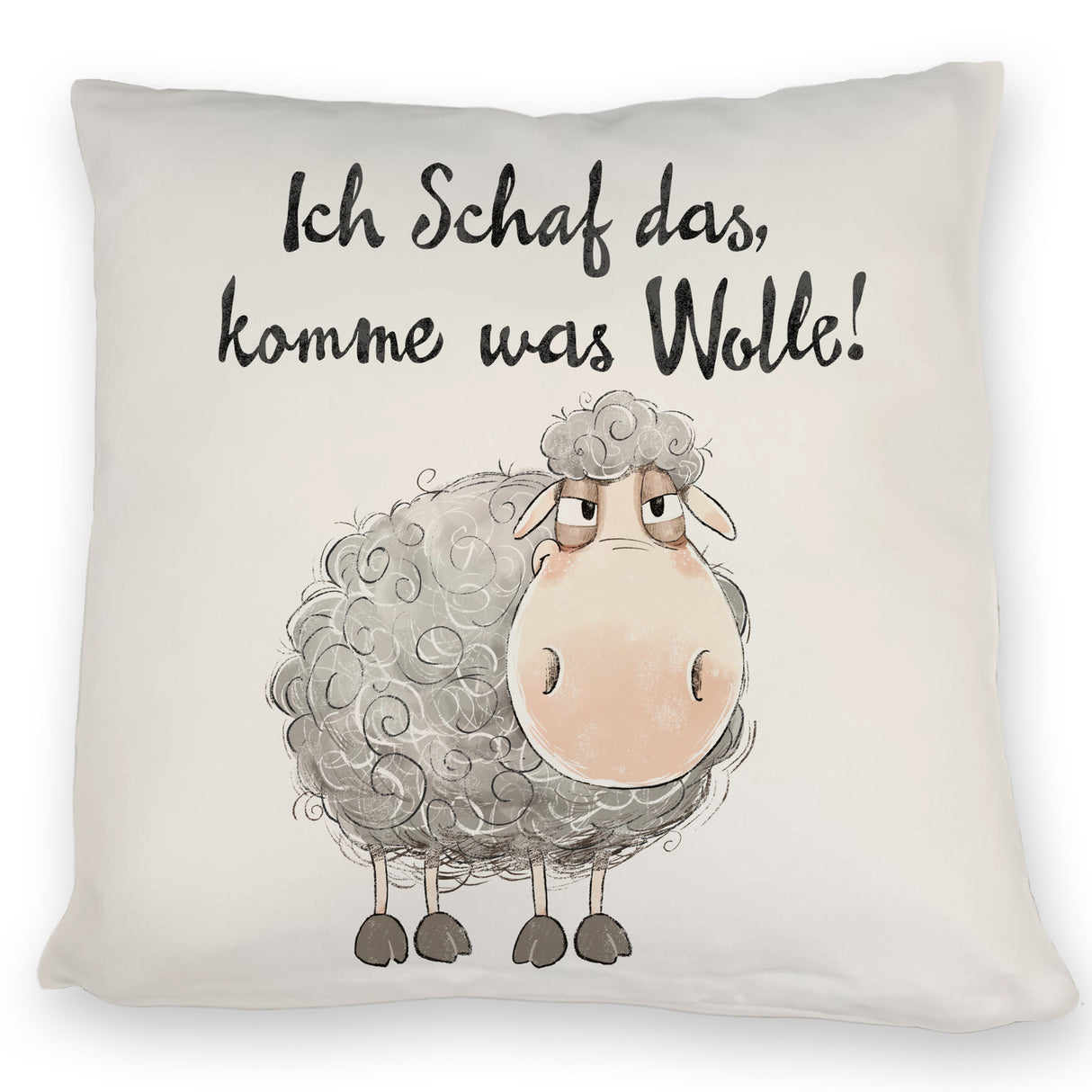 Schaf Kissen mit Spruch Ich Schaf das komme was Wolle