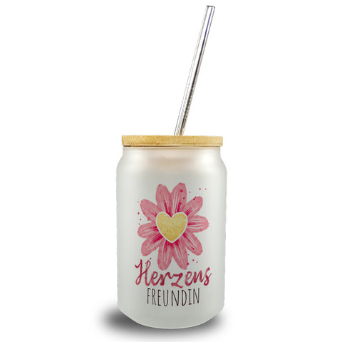 Blume Trinkglas mit Bambusdeckel mit Spruch Herzensfreundin