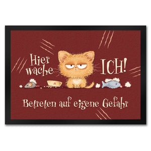 Katze Fußmatte in 35x50 cm mit Spruch Hier wache ich Eigene Gefahr