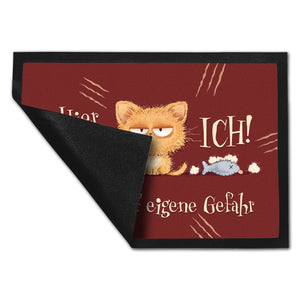 Katze Fußmatte in 35x50 cm mit Spruch Hier wache ich Eigene Gefahr