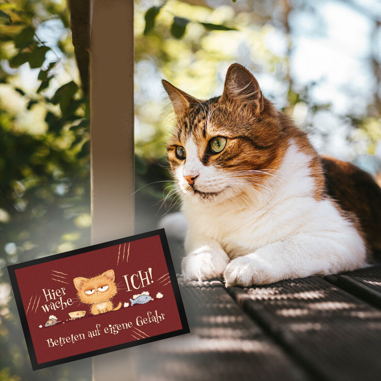 Katze Fußmatte in 35x50 cm mit Spruch Hier wache ich Eigene Gefahr