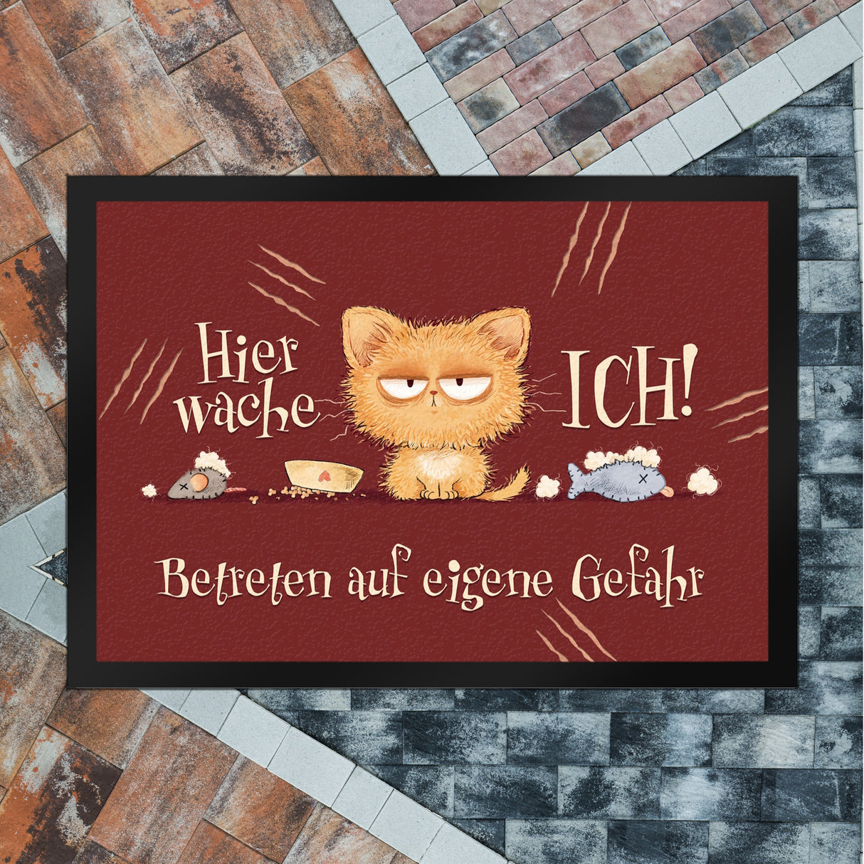 Katze Fußmatte in 35x50 cm mit Spruch Hier wache ich Eigene Gefahr