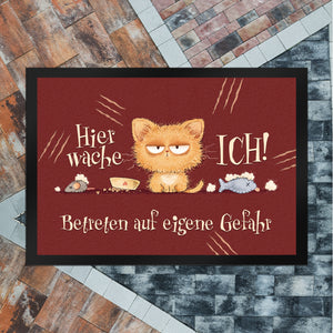Katze Fußmatte in 35x50 cm mit Spruch Hier wache ich Eigene Gefahr