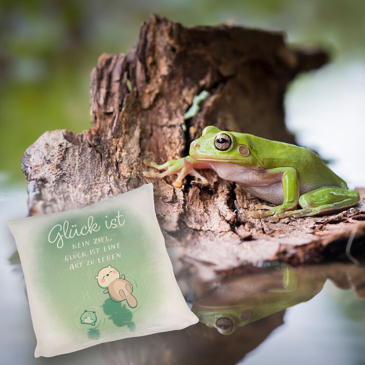 Otter und Frosch Kissen mit Spruch Glück ist Lebensart kein Ziel