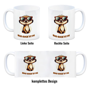 Erdmännchen Geschenke Kaffeebecher mit Spruch Was guckst du