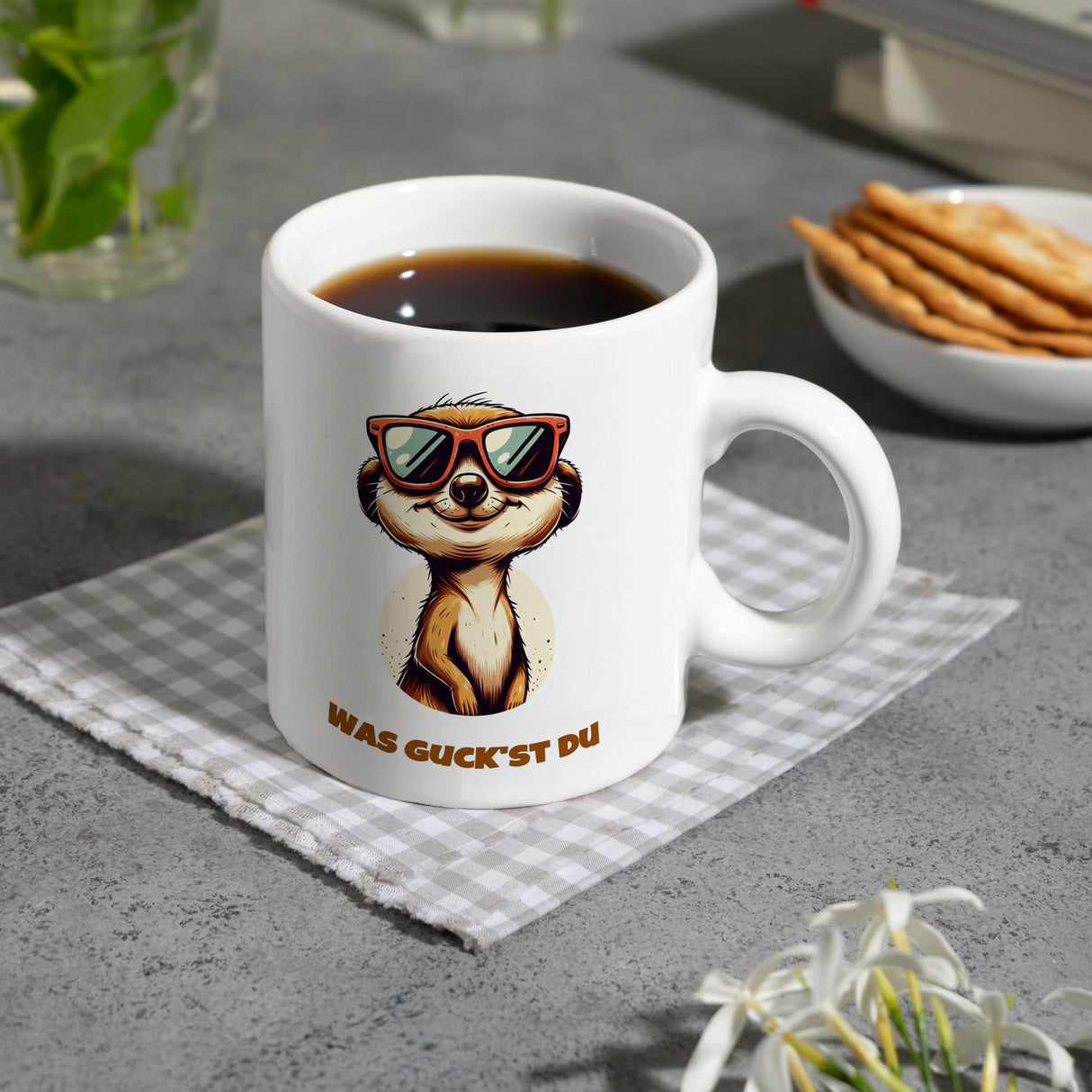 Erdmännchen Geschenke Kaffeebecher mit Spruch Was guckst du