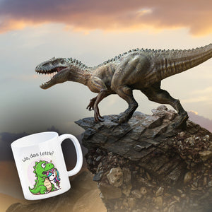 T-Rex Dinosaurier frisst Einhorn Kaffeebecher mit Spruch Wie das Letzte?