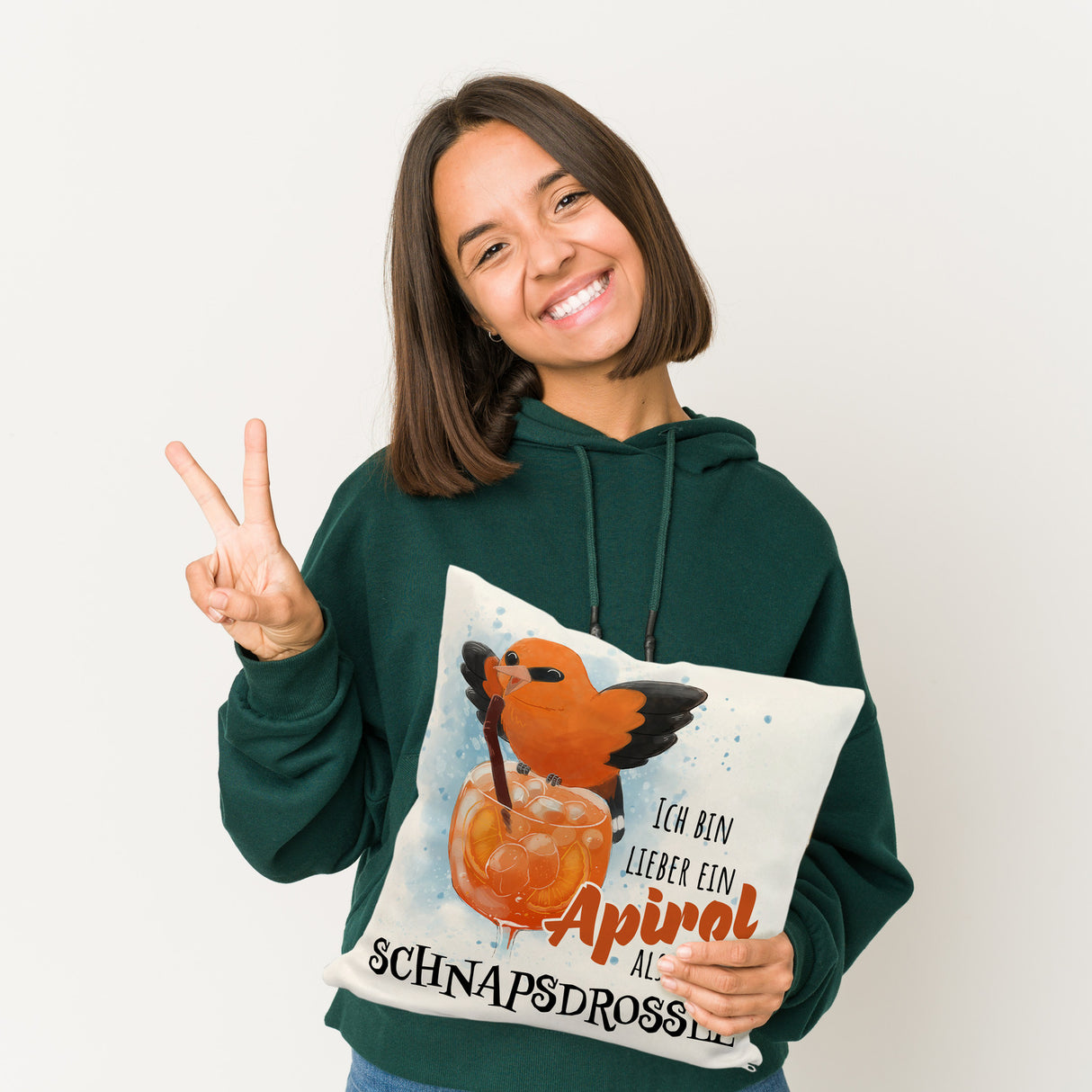 Cocktail Vogel Pirol Kissen mit Spruch Lieber Apirol als Schnapsdrossel