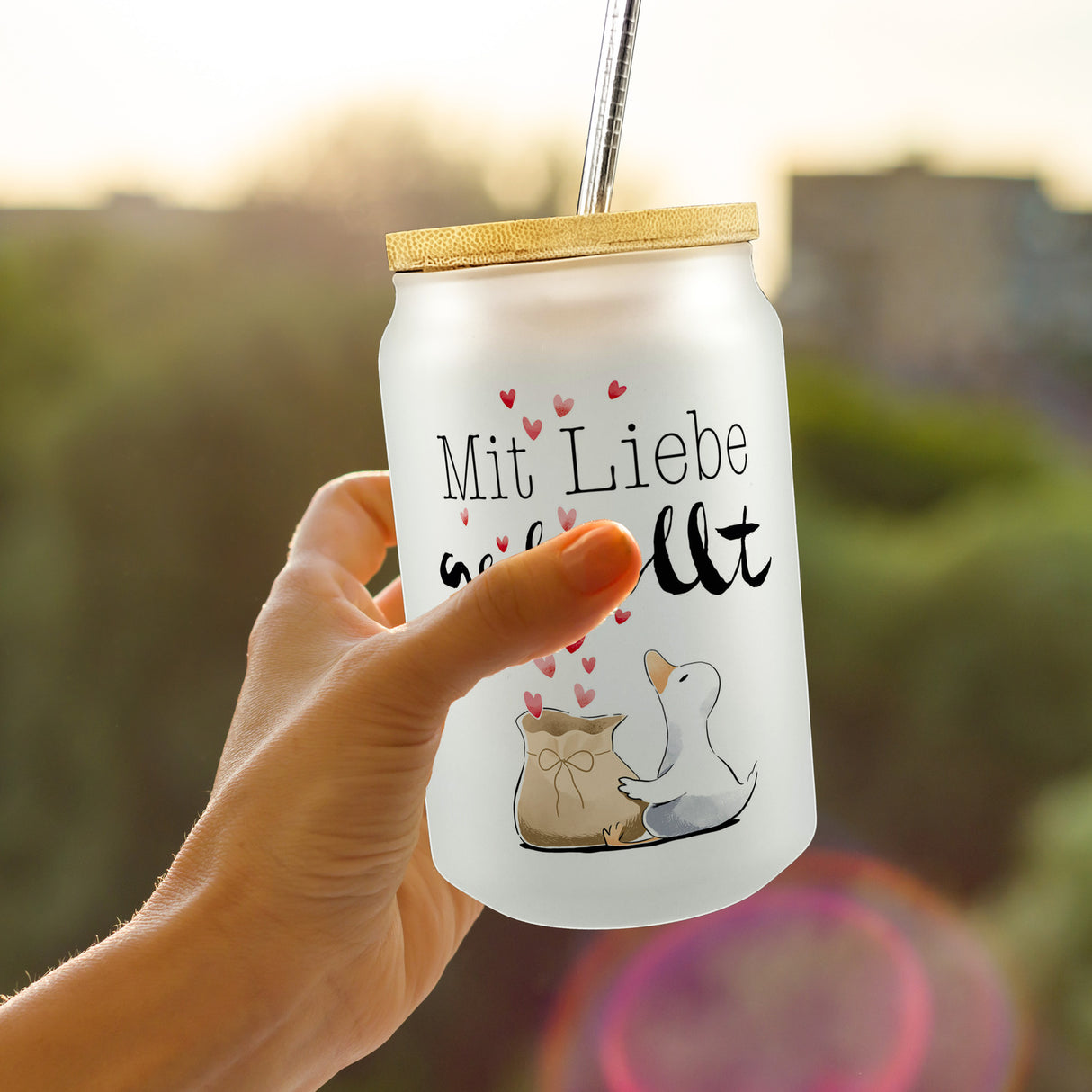 Ente Trinkglas mit Bambusdeckel mit Spruch Mit Liebe gefüllt