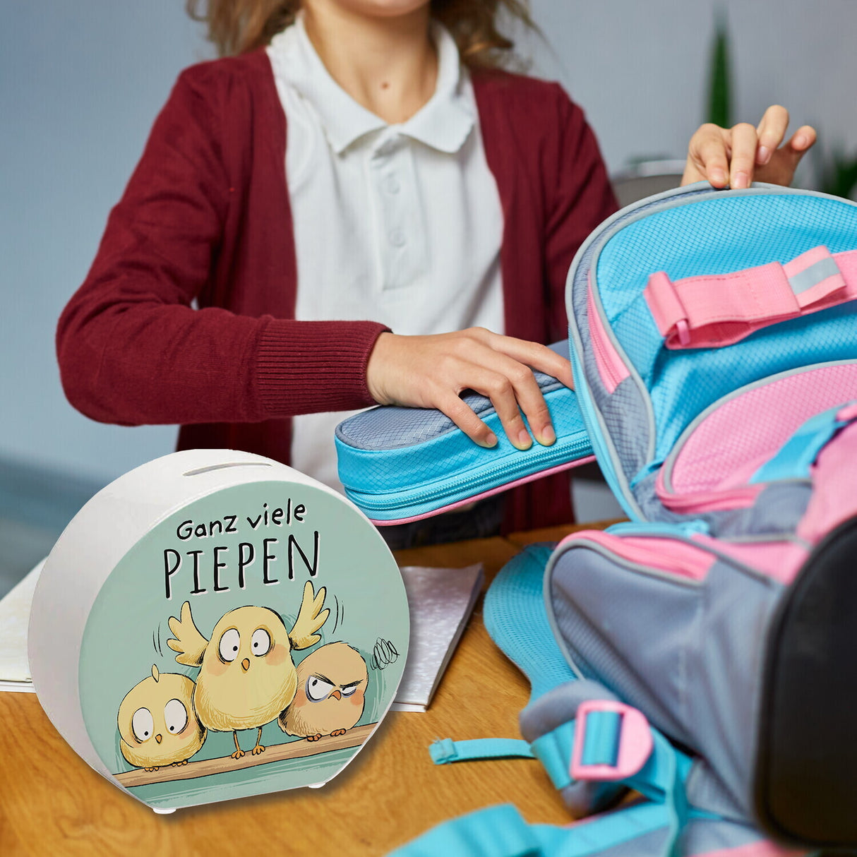 Küken Spardose mit Spruch Ganz viele Piepen