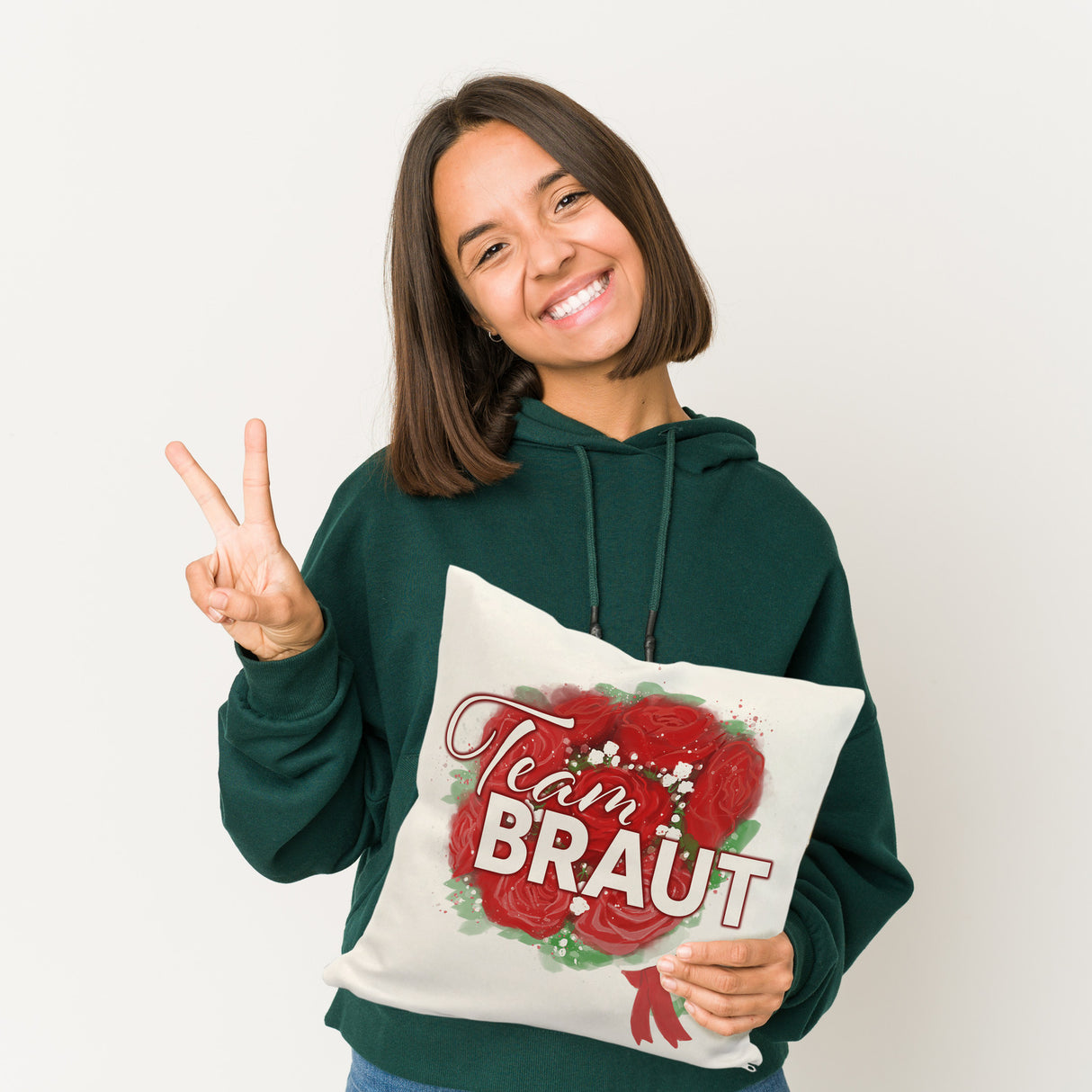 Team Braut Kissen mit Rosenstrauß