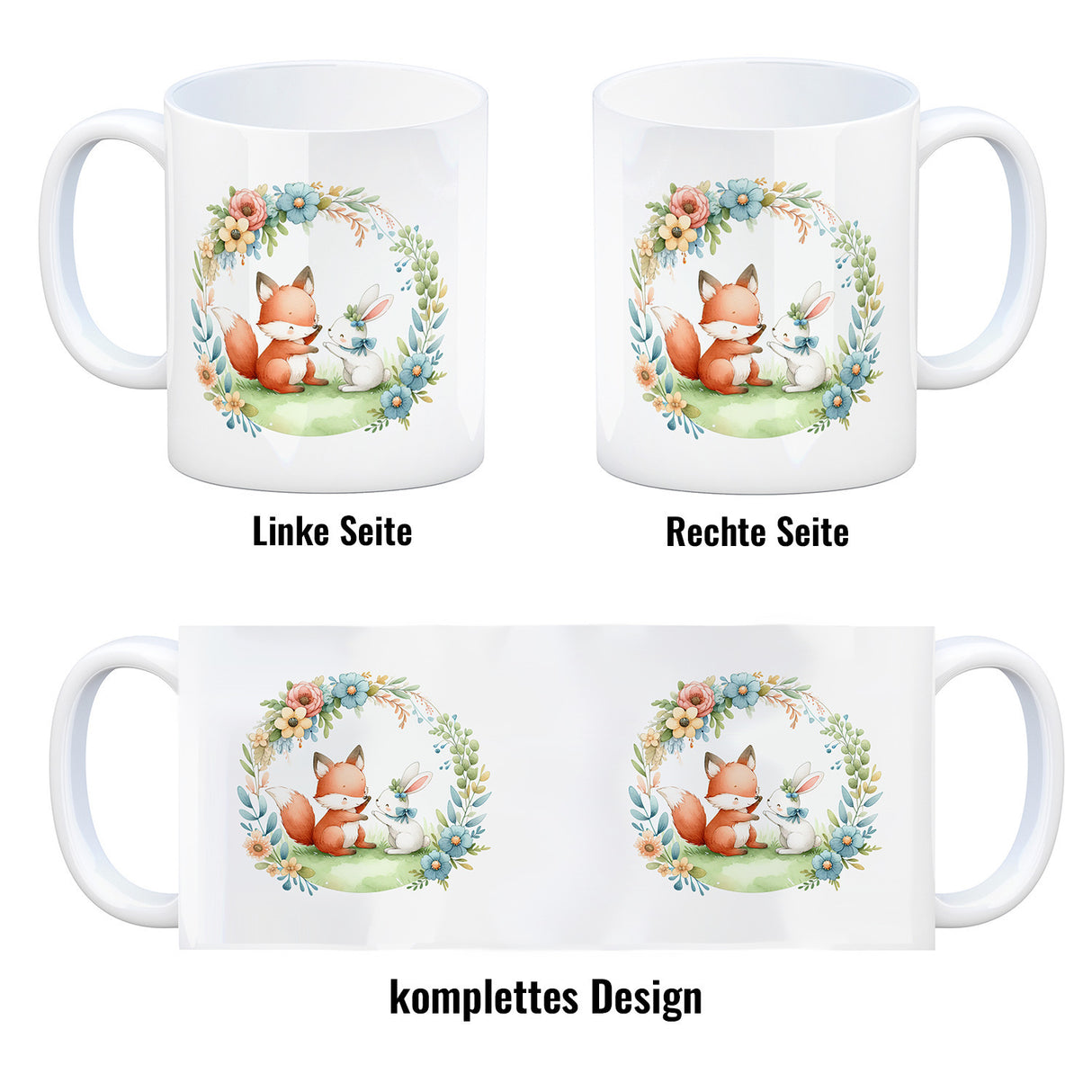Fuchs und Hase mit Blumenkranz Kaffeebecher