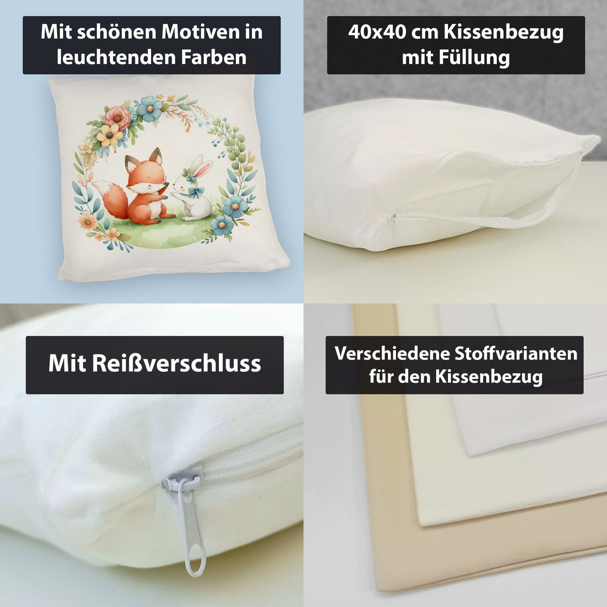 Fuchs und Hase mit Blumenkranz Kissen
