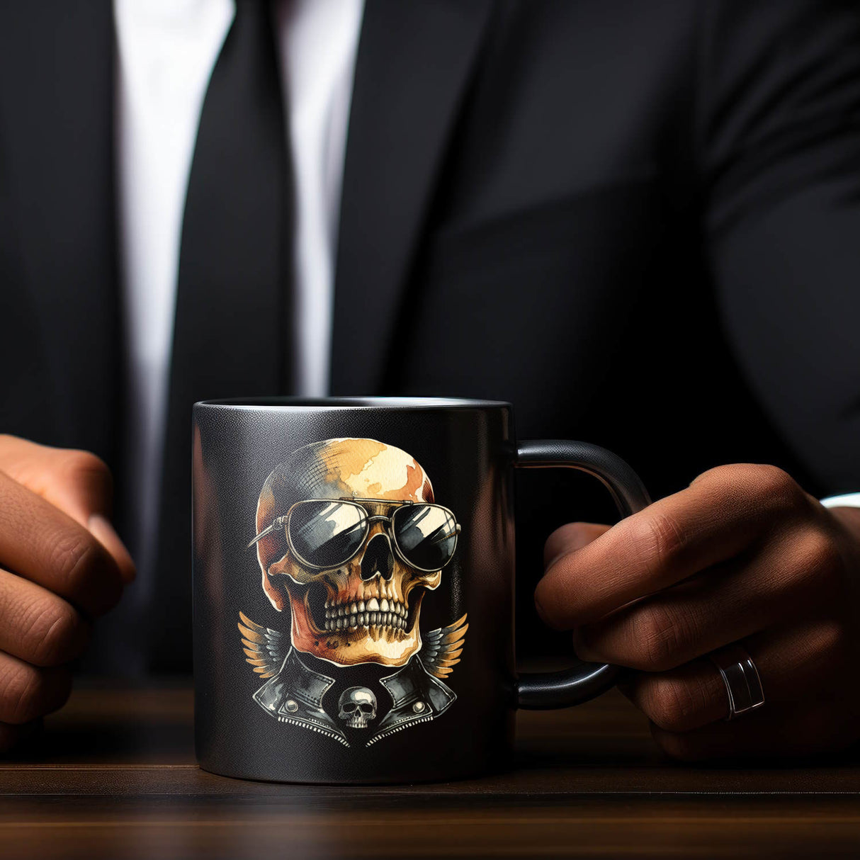 Rocker Totenkopf Tasse schwarz in Schwarz