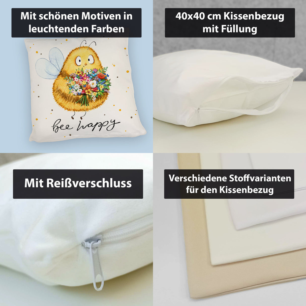 Pummel Biene Kissen mit Spruch Bee happy