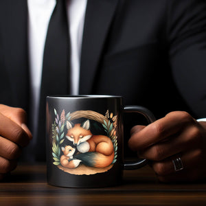 Fuchsfamilie Mama und Fuchsbaby Tasse schwarz in Schwarz
