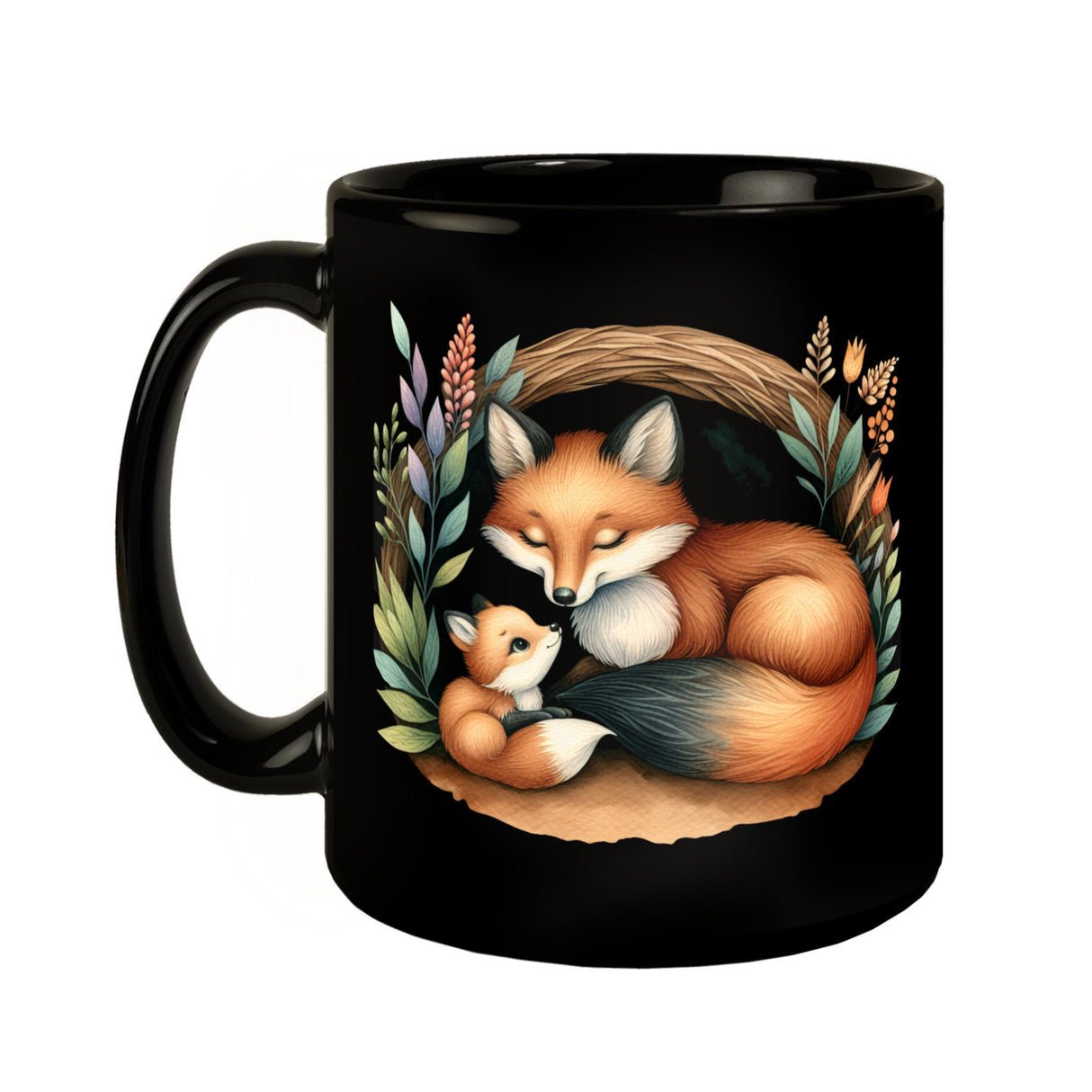 Fuchsfamilie Mama und Fuchsbaby Tasse schwarz in Schwarz