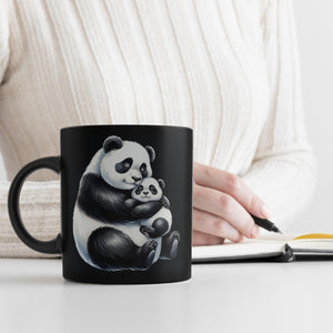 Pandabär Mama mit kleinem Panda Baby Tasse schwarz in Schwarz