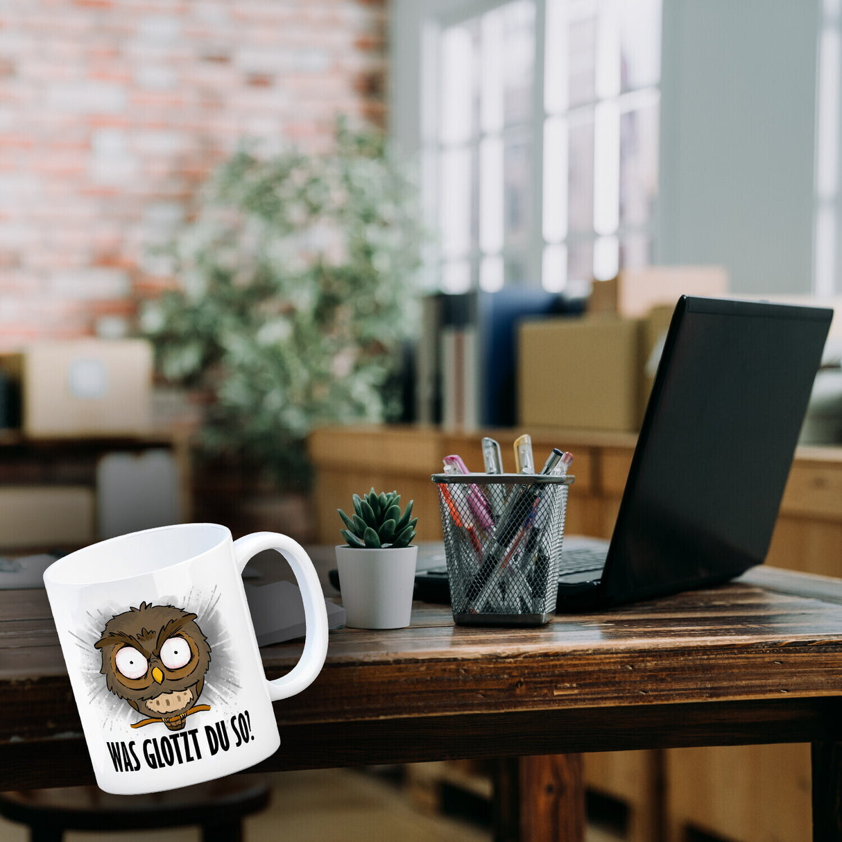 Eule Kaffeebecher mit Spruch Was glotzt du so?
