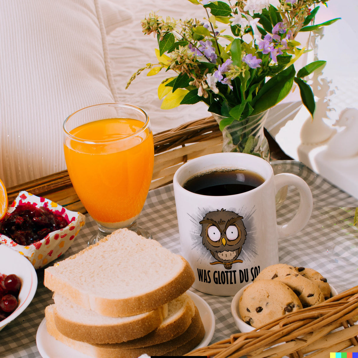 Eule Kaffeebecher mit Spruch Was glotzt du so?