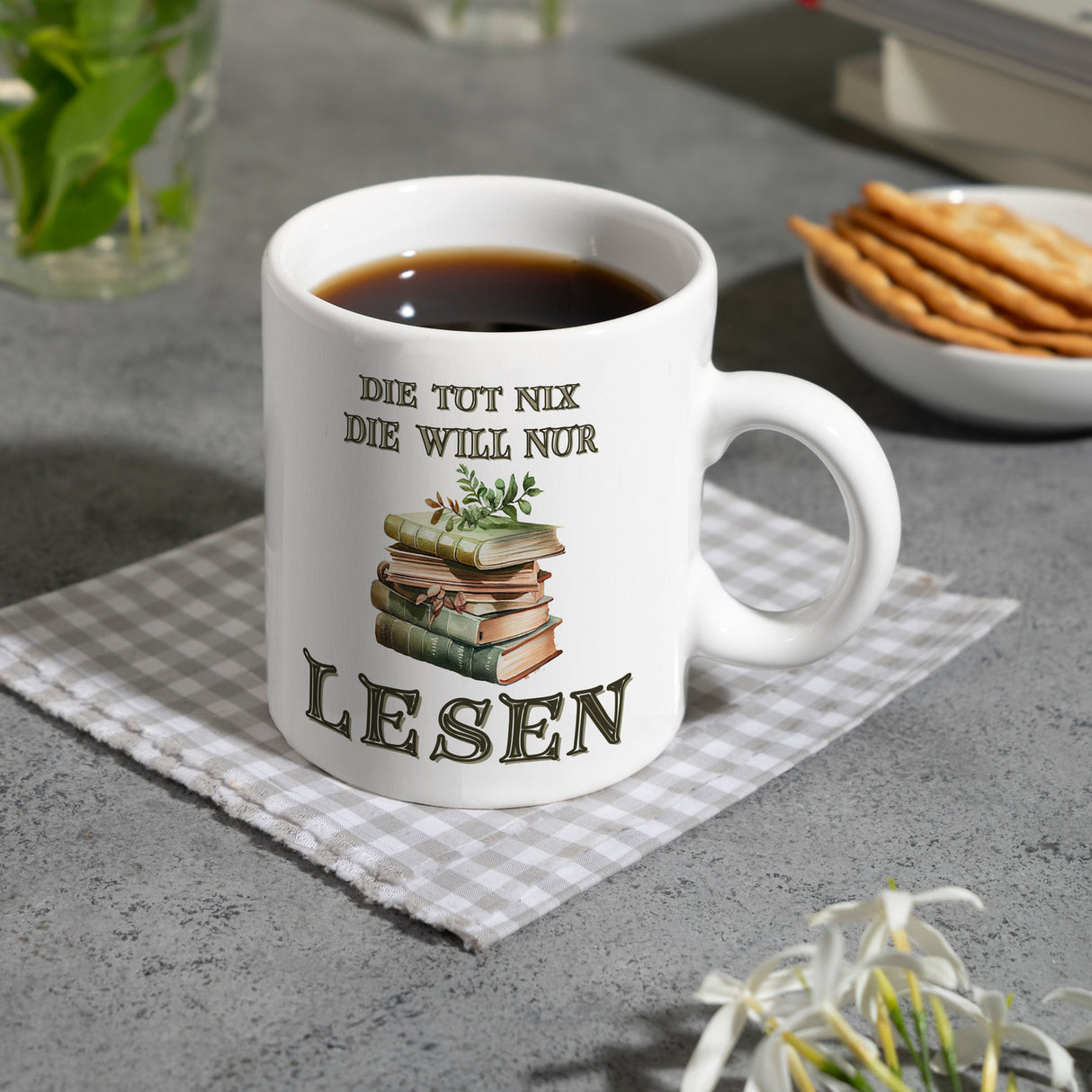 Bücher Kaffeebecher mit Spruch Die tut nix die will nur lesen