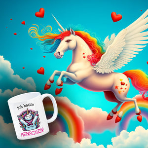 Einhorn Kaffeebecher mit Spruch Ich hasse Menschen!