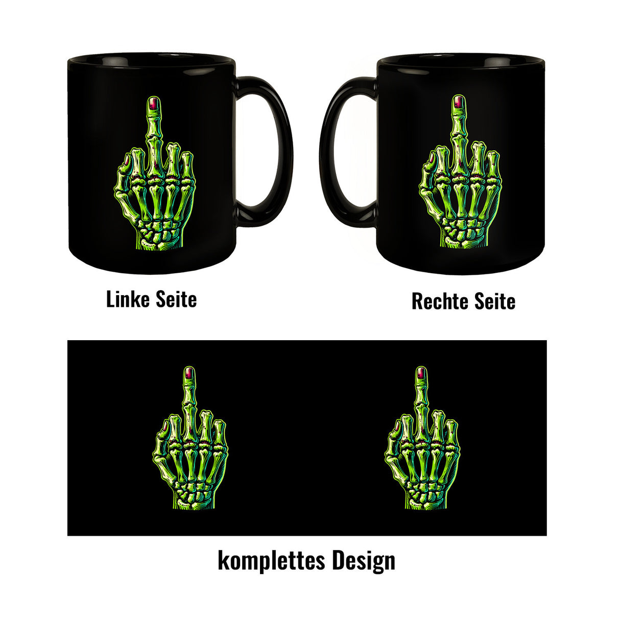 Zombieskeletthand Mittelfinger Tasse schwarz in Schwarz