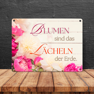 Blumen Metallschild in 15x20 cm mit Spruch Blumen sind das Lächeln der Erde