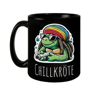 Schildkröte Rastafari Tasse schwarz in Schwarz mit Spruch Chillkröte