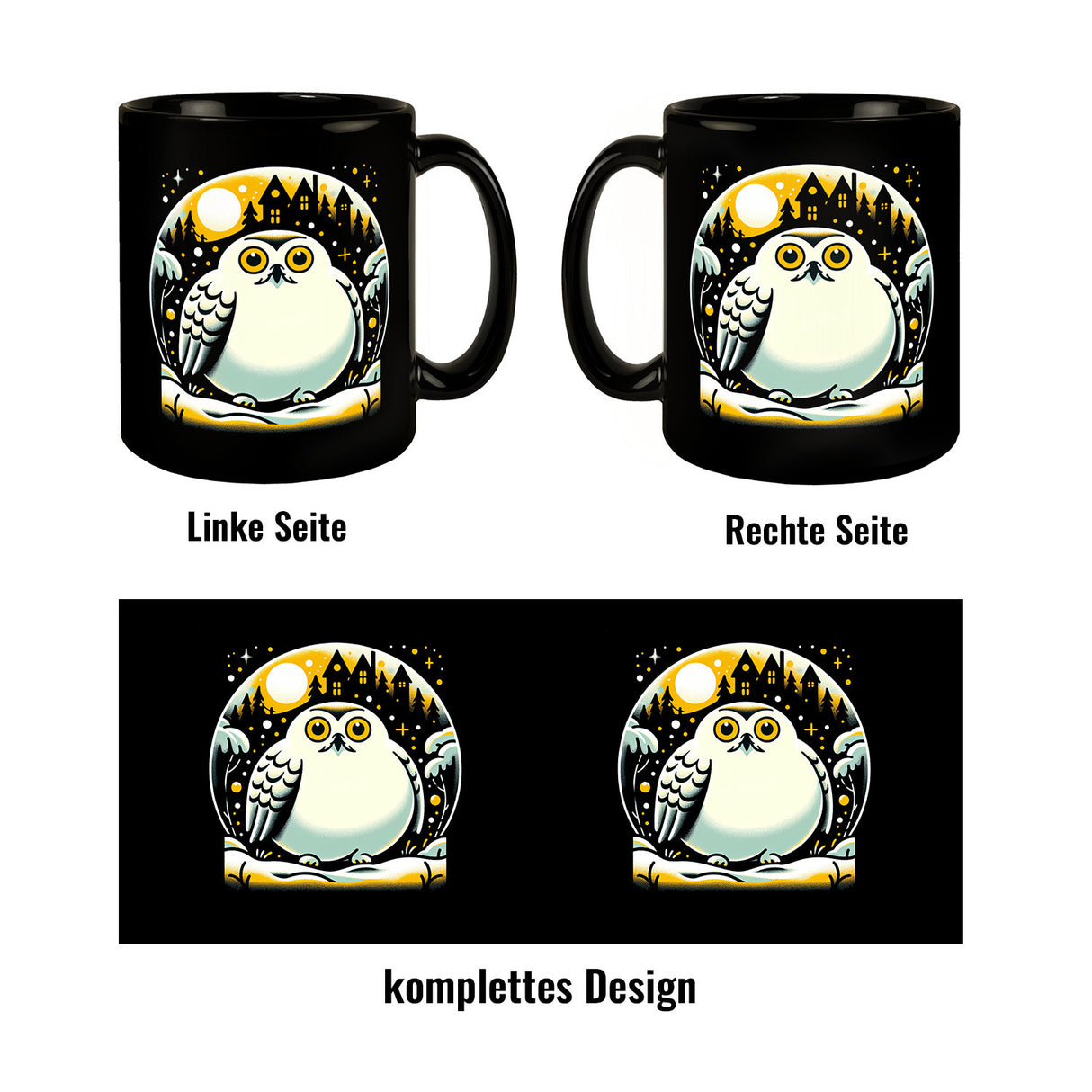 Dicke Schneeeule im Winter Tasse schwarz in Schwarz
