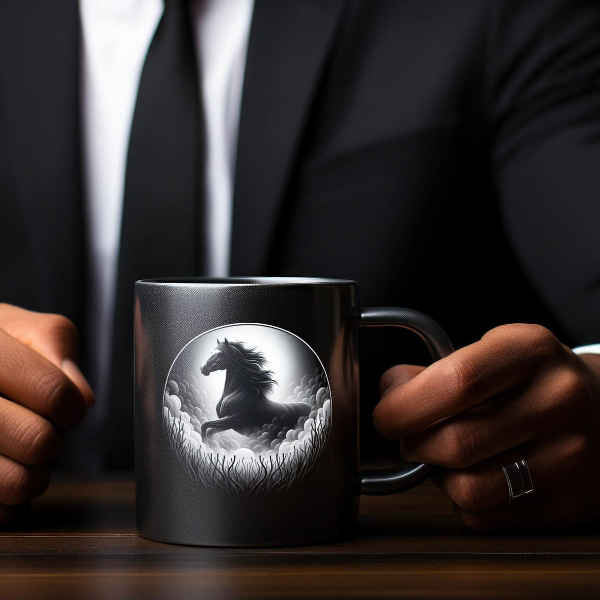 Schwarzes Pferd im Nebel Tasse schwarz in Schwarz