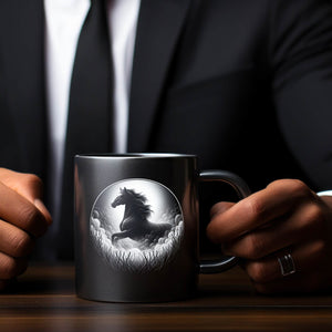 Schwarzes Pferd im Nebel Tasse schwarz in Schwarz