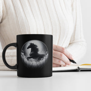 Schwarzes Pferd im Nebel Tasse schwarz in Schwarz